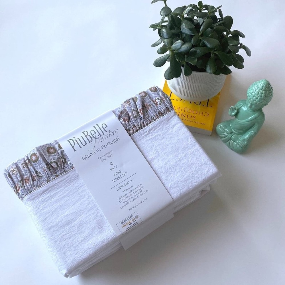 NWT Piubelle King Sheet Set European Cotton Made in Portugal White Ruffle